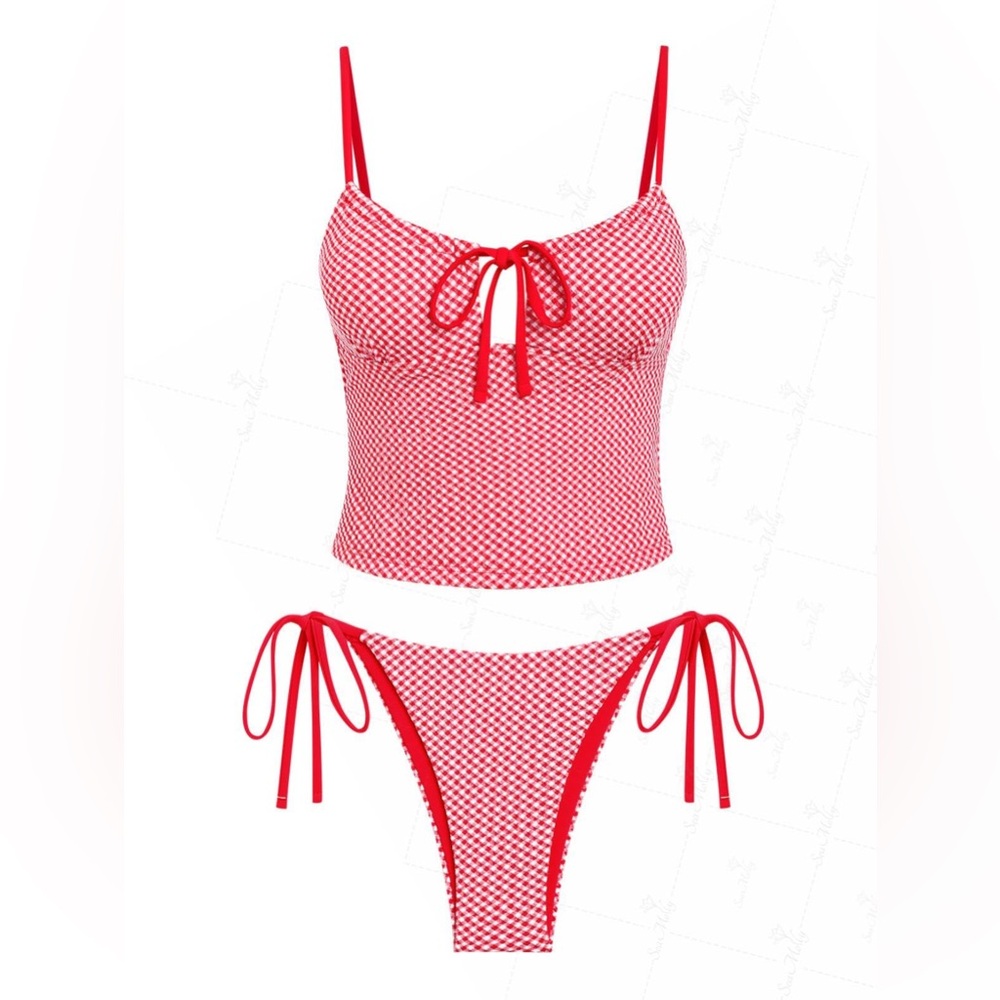 Seamoly Vintage Red Gingham Drawstring Tied Front Tie Side Tankini Set Red L NWT